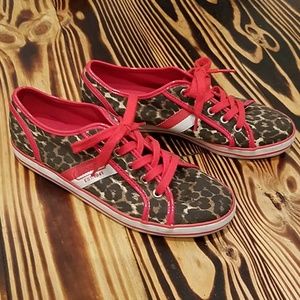 Preowned Coach red and leopard print tennis shoes.